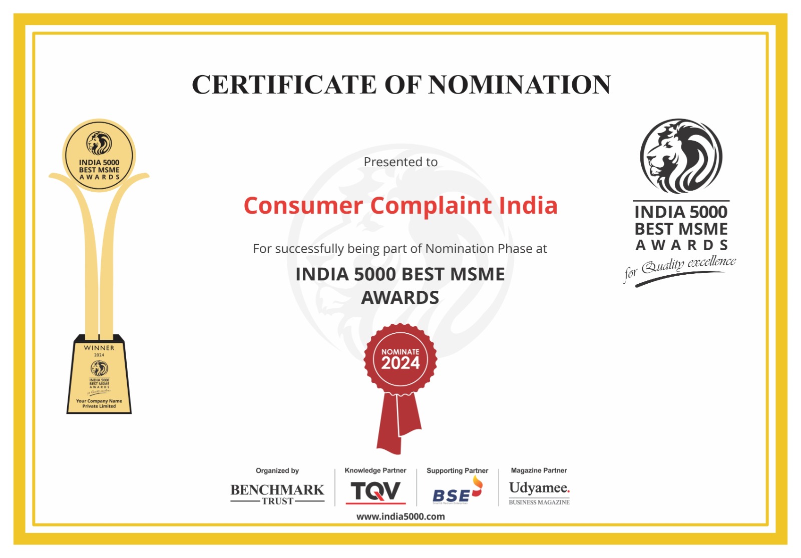 India 5000 MSME Award Nominee 2024 - Consumer Complaint India